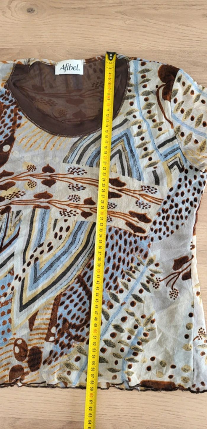 T-shirt blouse manches courtes à motifs marron bleu écru Afibel Taille 40 - photo numéro 12