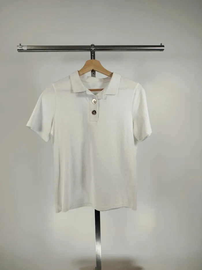 T-shirt polo blanc femme boutons dorée - taille M coton texturé A254