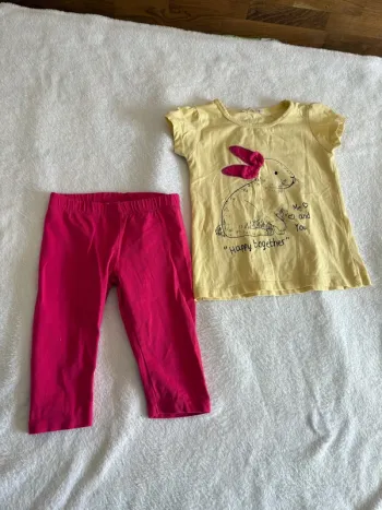 Ensemble fille 3 ans – T-shirt jaune lapin + legging rose fuchsia