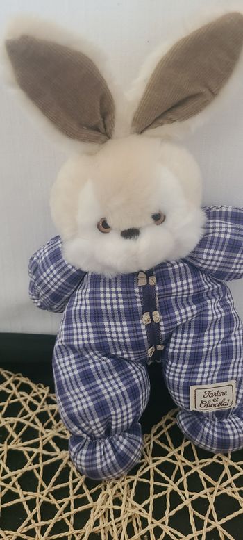 lapin tartine et chocolat ancien doudou peluche lapin salopette a carreaux 33 cm