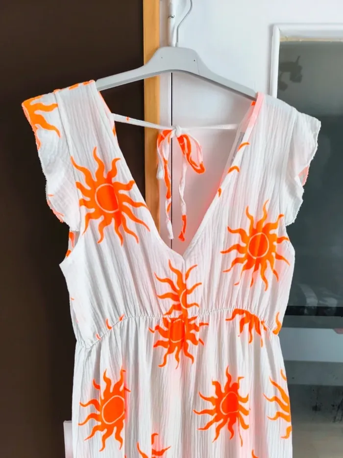Robe longue été blanche et orange gaz de coton imprimé soleil TU 36 à 42 - photo numéro 2