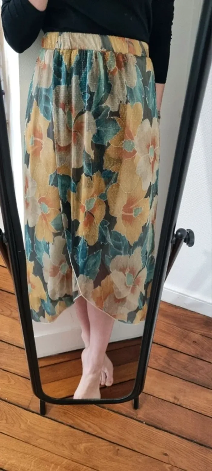 Jupe midi lurex dorée imprimé fleuri naf naf neuve 38
