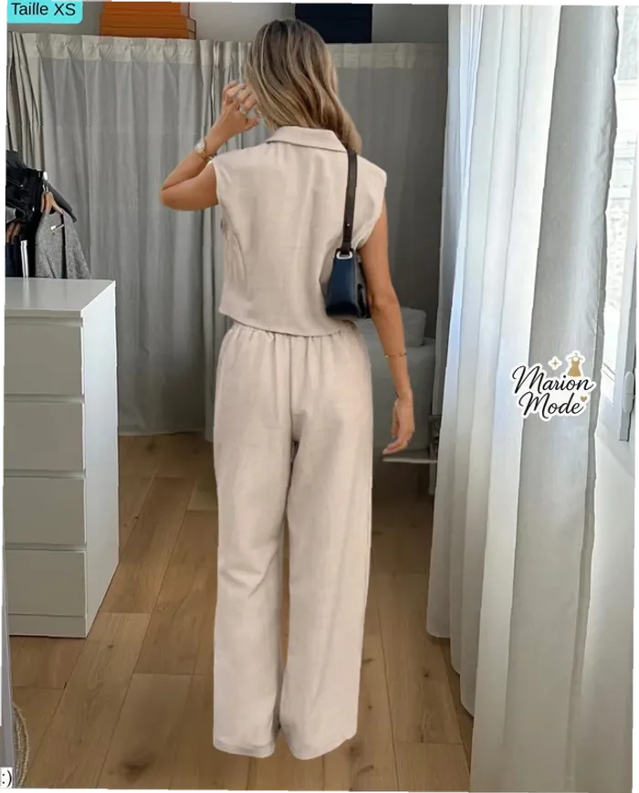 Ensemble XS Beige Coordonné Blazer sans Manches - Pantalon Large Neuf Jamais Porté - photo numéro 2
