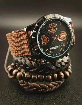 Montre scratch marron futuriste, trois bracelets
