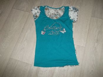 Tee shirt dégriffé bleu outremer dentelle et strass S/M TBE