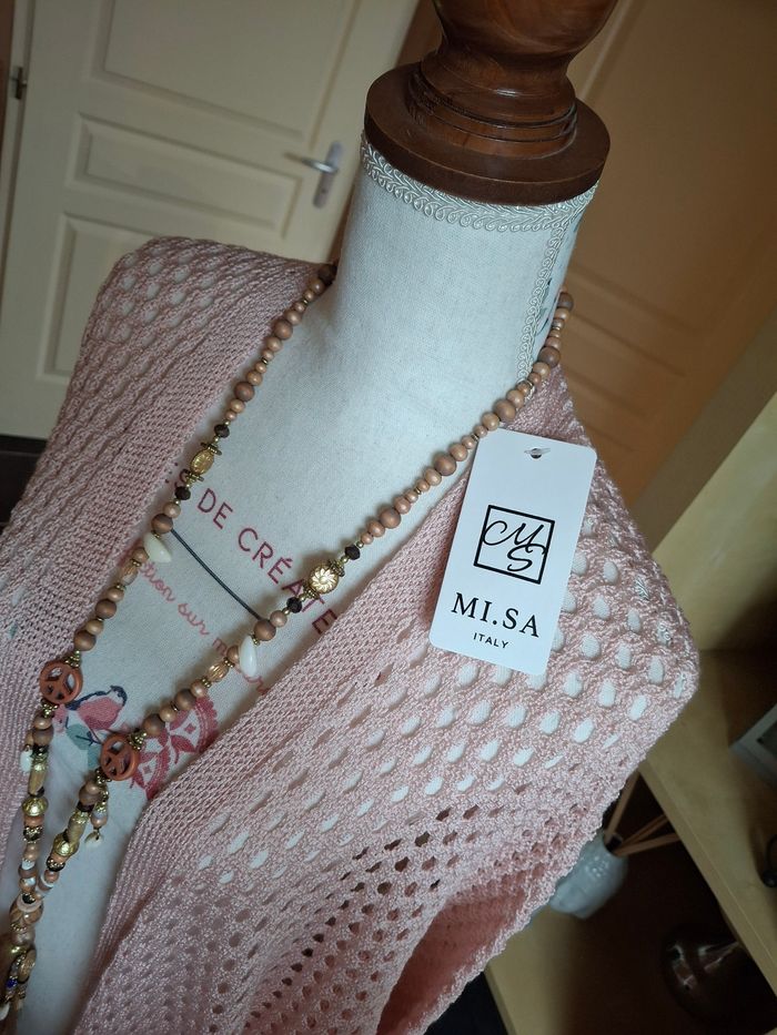 Gilet long rose poudré maille ajourée neuf - photo numéro 3