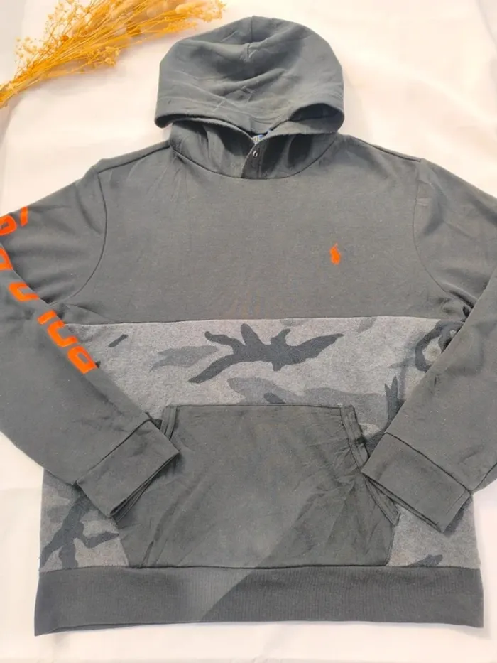Sweat capuche homme noir logo orange imprimé militaire Ralph Lauren taille L G - bouloches - photo numéro 3