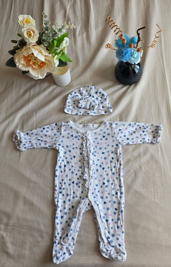 LuluCastagnette Lot Pyjama Bonnet Body Coton Blanc Violet Très bon état 3 mois - photo numéro 2