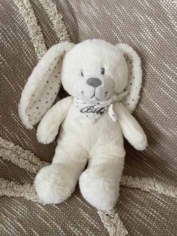 Peluche doudou 27cm pommette lapin d’éveil blanc à pois très bon état
