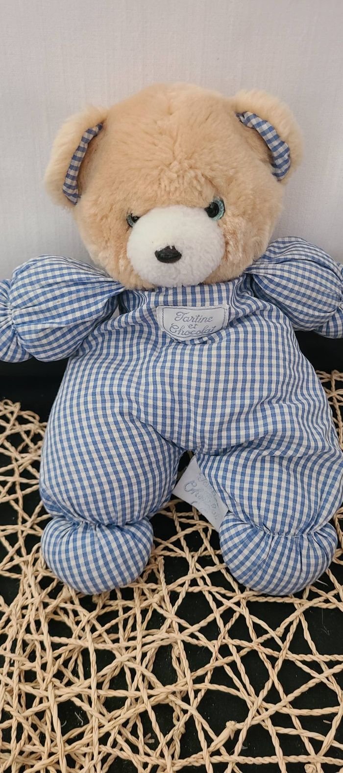DOUDOU PELUCHE VINTAGE Ours Vichy Bleu 25 cm TARTINE ET CHOCOLAT