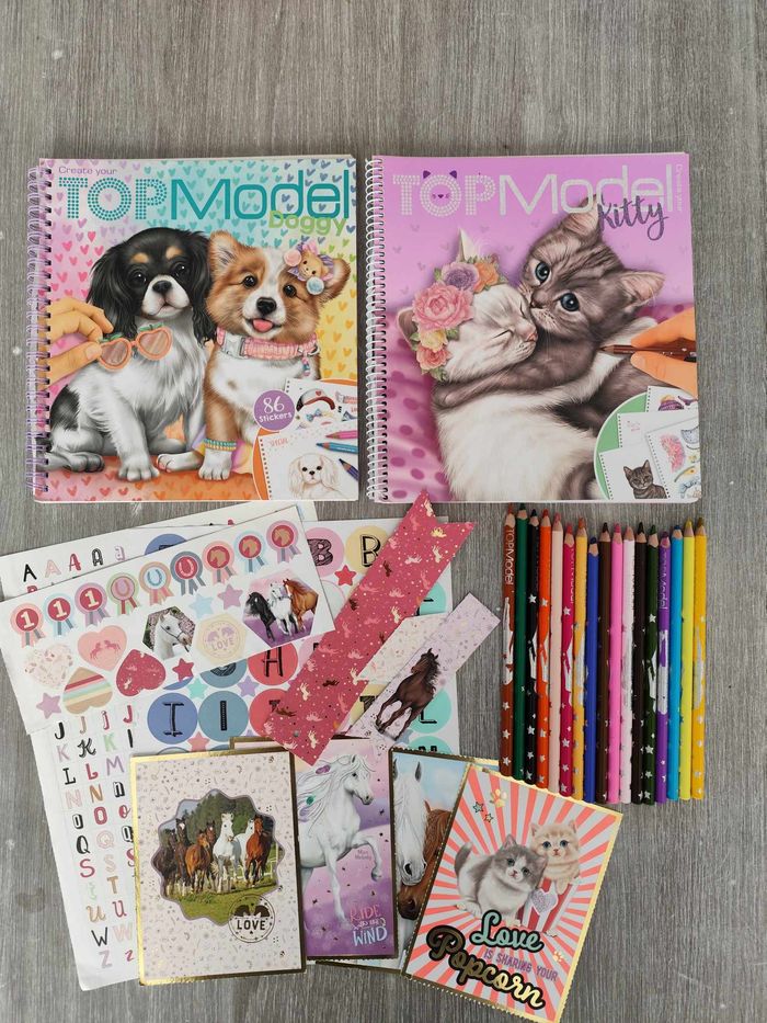 Livres de coloriage Top Model + crayons + cadeaux , très bon état