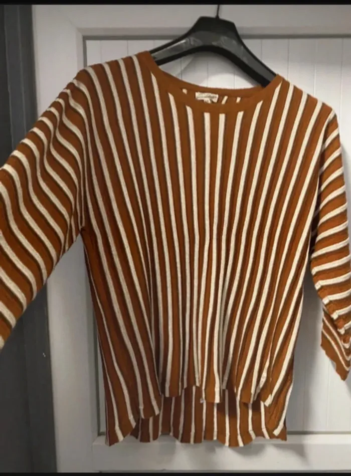 Pull léger rayé camel et blanc Season neuf taille S/M - photo numéro 4