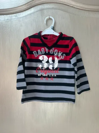 T-shirt manche longue rayé rouge noir et gris 12 mois