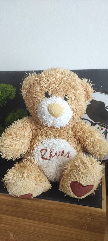 peluche doudou ours marron beige blanc rêves coeur poils jaune Ancien Fourrure