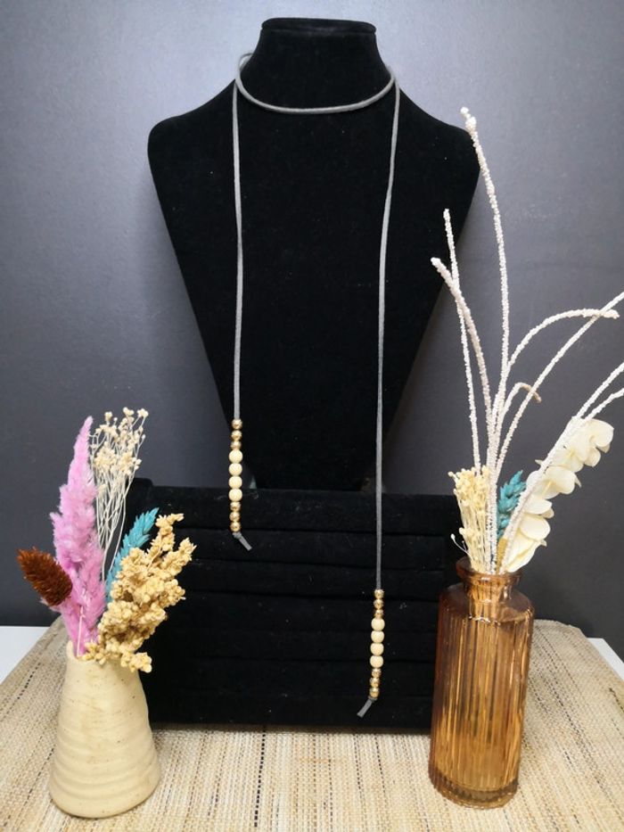 Collier à nouer en cuir et perles avec bracelet assorti - photo numéro 3