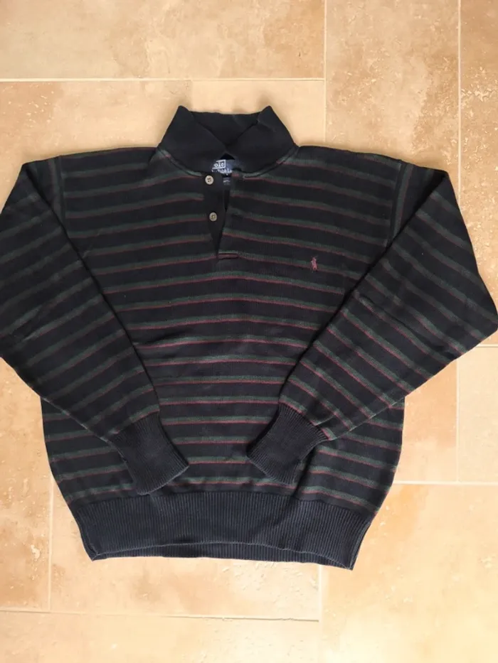 Magnifique pull col  boutonné Ralph Lauren homme L noir rayures vertes rouges logo rouge - photo numéro 2