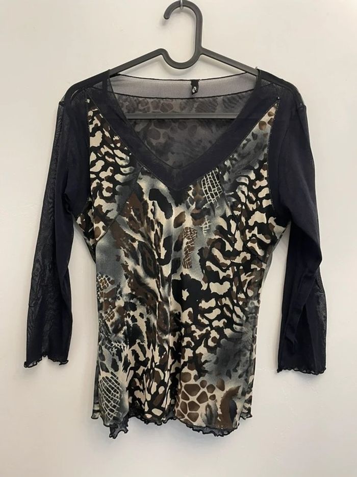 Top haut manche 3/4 transparent mesh imprime motif rétro vintage - photo numéro 2