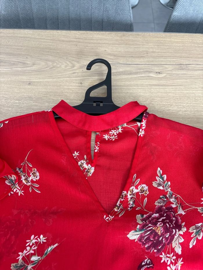 Blouse femme rouge fleuri - photo numéro 3