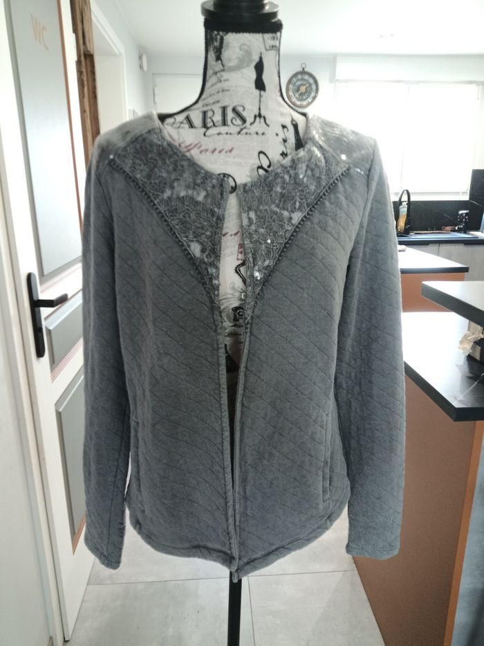 Gilet matelassé gris Street One – T. 40 (FR) | Col dentelle pailleté