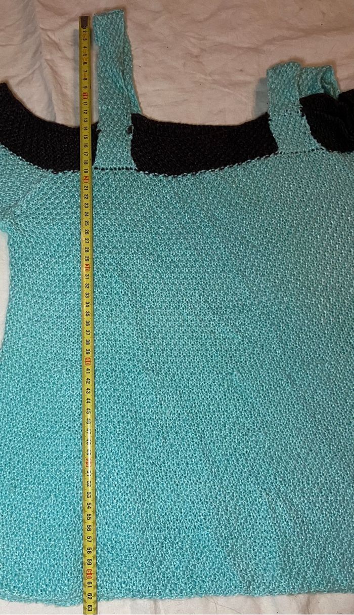 Pull en laine menthe et marron manches 3/4 - photo numéro 4
