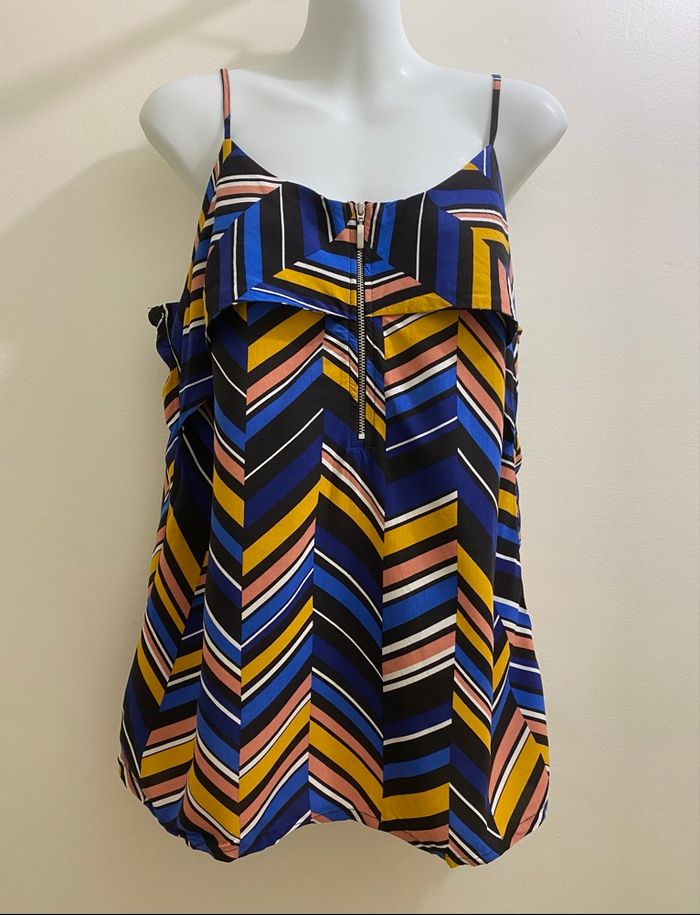 Top bleu moutarde motif chevrons géométrique débardeur fluide fines bretelles femme taille 42 JDY