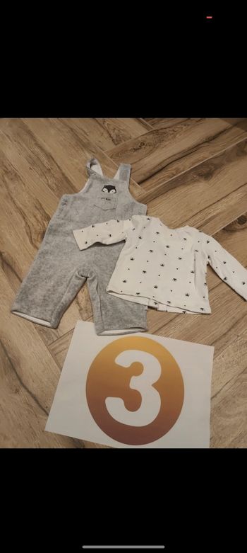 Lot ensemble 1 salopette grise chaude doublé et douce 
Avec t-shirt qui s'ouvre en totalité dans le dos 
Motif renard 
Marque p'tit bisou
Taille 3 mois 60cm
Parfait état