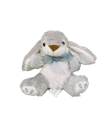 Peluche doudou lapin gris blanc KellyToy nœud fourrure yeux durs 16 cm TBE