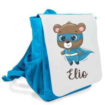 Sac à dos bleu personnalisé prénom - Ourson super-héros - Rabat imprimé amovible - Sac crèche ou maternelle garçon