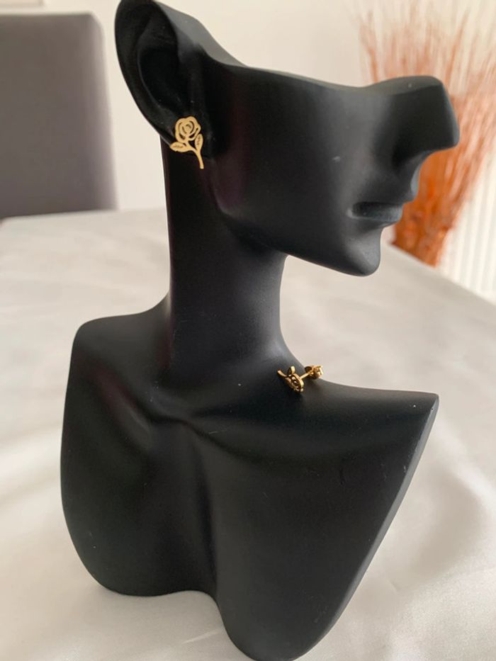 Boucles d’oreilles fleur rose en acier inoxydable doré - photo numéro 2