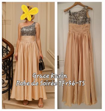 Grace Karin Robe de Soirée TFr36-Champagne -Longue avec Bustier   à sequins et asymétrique -Neuve