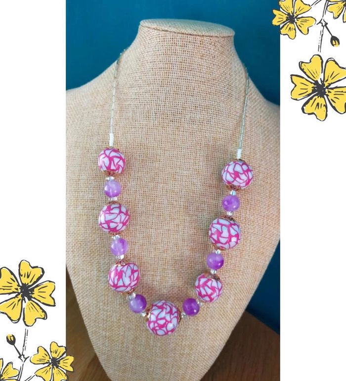 Collier vintage fait main – Perles roses en polymère & perles violettes – Collection Nuances de Rose - photo numéro 9