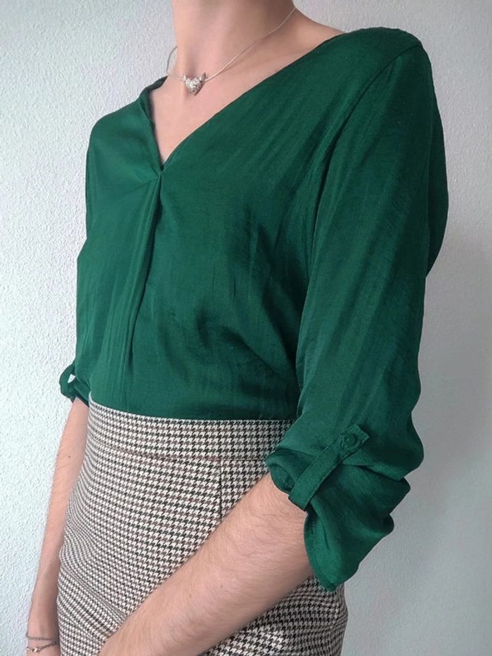 Blouse satin col V 3/4 vert sapin / Stradivarius - 36/S à 38/M - photo numéro 8