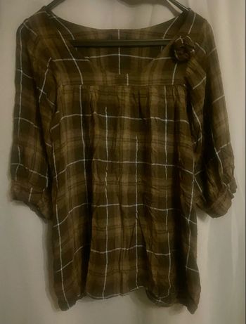Haut à carreaux marron et bleu turquoise manches 3/4