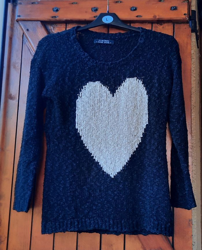 Pull noir à cœur blanc, Cache-Cache, femme, taille 34 - photo numéro 1