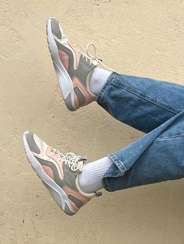 Baskets légère et confortable satiné et velours - gris crème rose et blanc - photo numéro 5