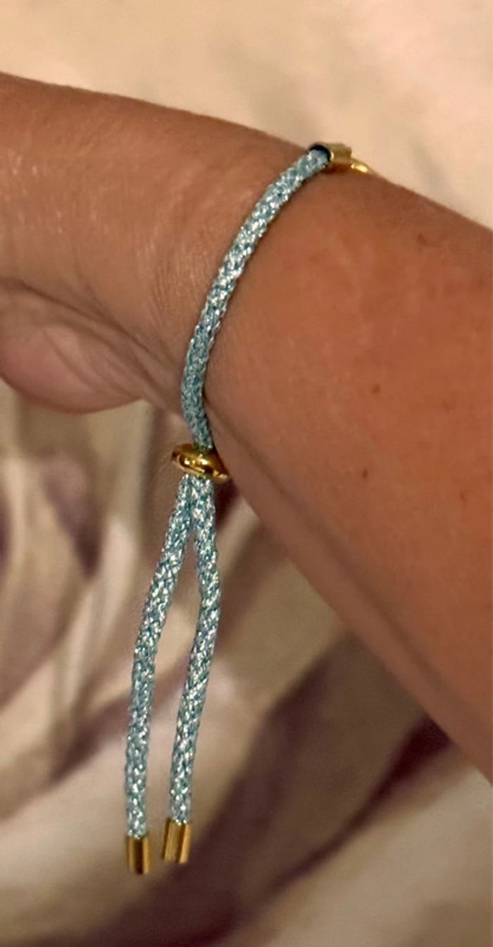 Bracelet cordon bleu turquoise et or réglable médaille vierge acier inoxydable or - photo numéro 7