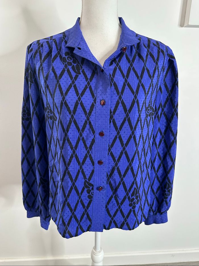 Chemisier en soie violet bleu et noir Louis Féraud Vintage T40 L - photo numéro 2