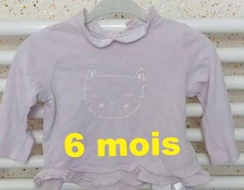 Tee  shirt  manche  longue rose  motif chat DPAM  Taille  6  mois
