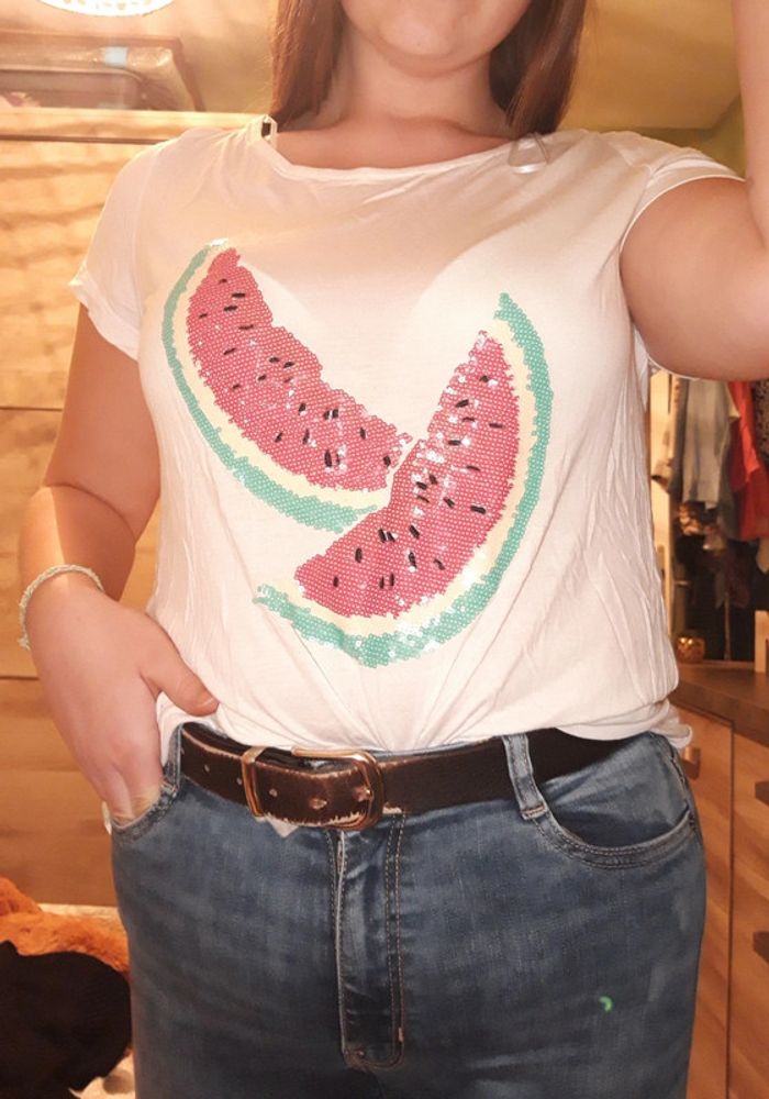 Tee-shirt blanc motif pastèque - photo numéro 2