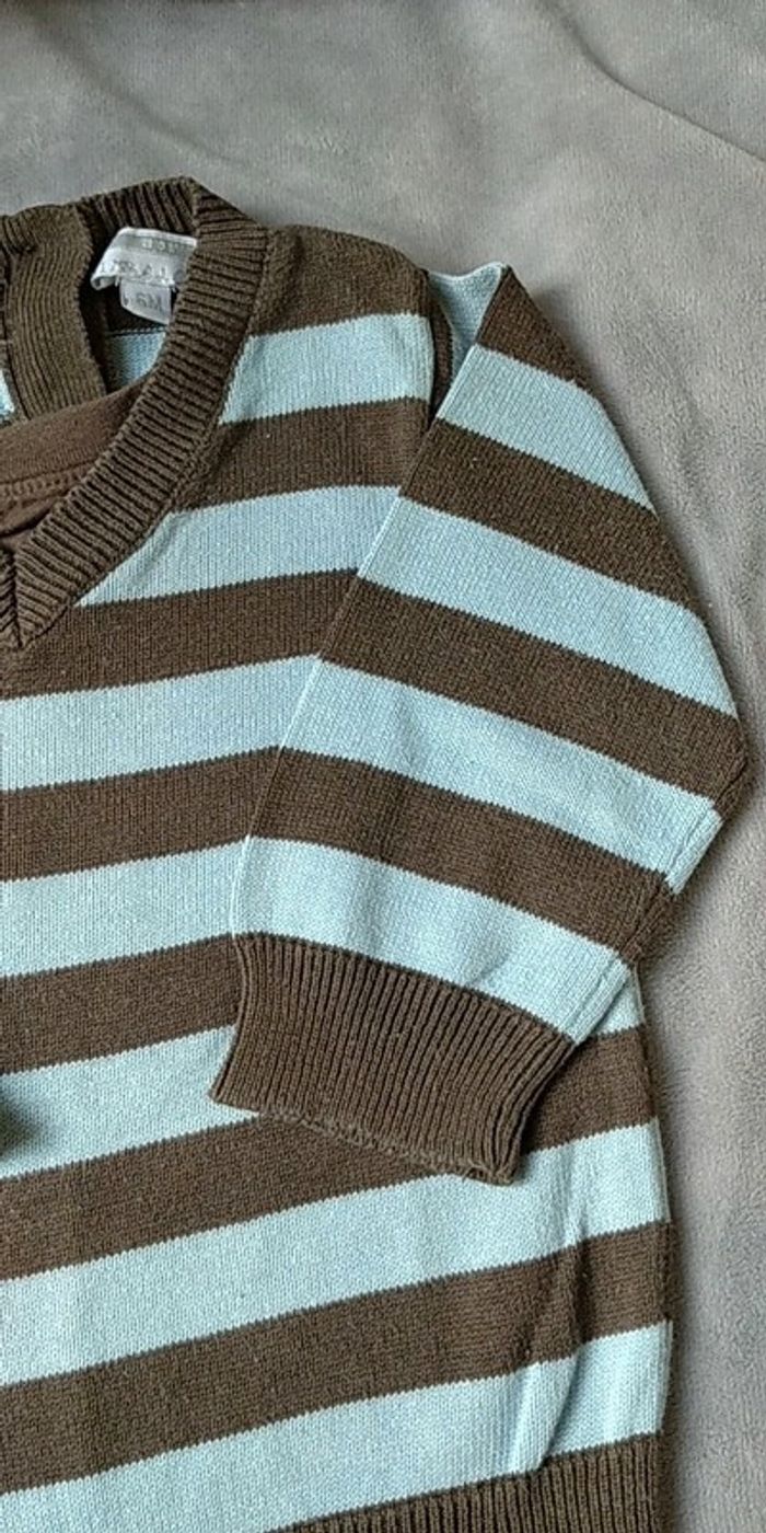 Pull léger col V Garçon 6 mois rayé marron et bleu clair 100% coton Kimbaloo Boy - photo numéro 4