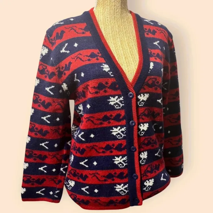 Cardigan vintage rétro bleu-rouge à motifs blancs – Taille XL Cozy & stylé