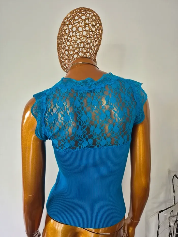 Top en dentelle Bleu sans Manches Femme Taille Unique - photo numéro 2