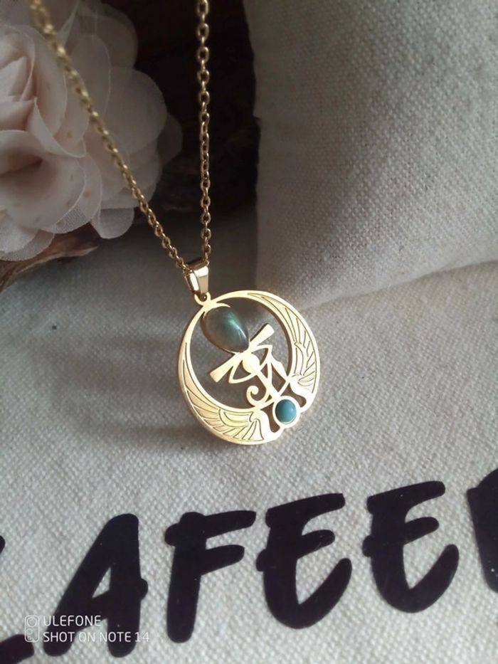 Collier pendentif égyptien croix ankh avec pierre de Labradorite - photo numéro 2