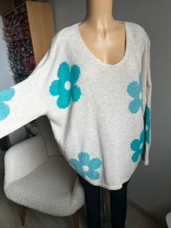 Pull marguerites couleur turquoise