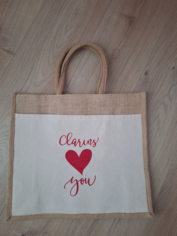 Clarins veritable et authentique sac neuf en toile de jute 30x40x15 cm