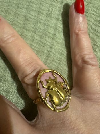 Bague scarabée relief acier inoxydable or rhodonite véritable réglable 