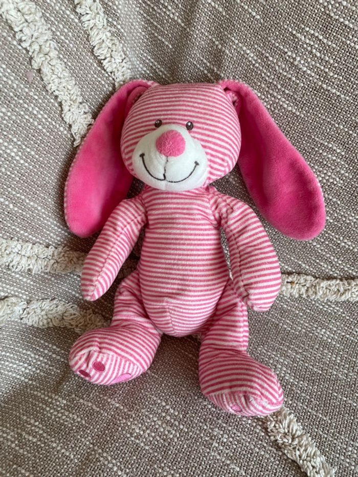 Peluche doudou 25cm Nicotoy lapin rose rayé blanc très bon état
