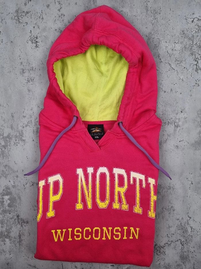 Pull à capuche universitaire Wisconsin rose & jaune – Taille XXL Femme (mesures en photos) - photo numéro 2