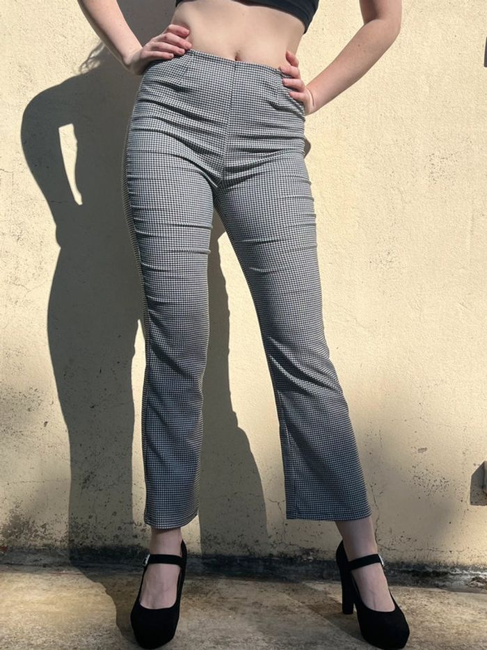 Pantalon flare évasé taille haute élastique - motifs carreaux - photo numéro 6