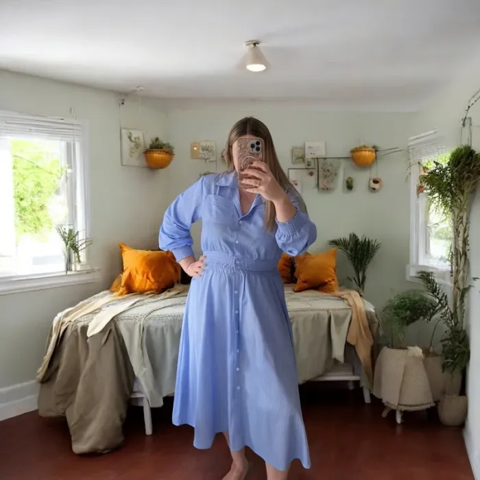 Ensemble rayé 2 pièces bleu 👗 chemise + jupe midi élégante | look chic été 💙